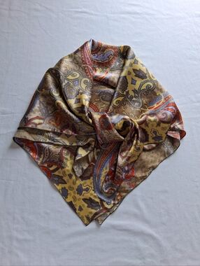 Scarf Paisley Large Square 35" Silky Tan Yellow Red Blue